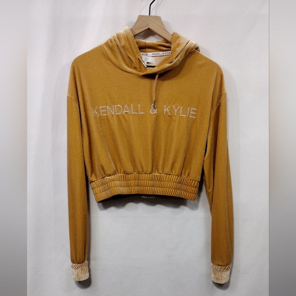 Kendall & Kylie Velour Cropped Hoodie Women's L Mustard Yellow Preppy Boho Retro